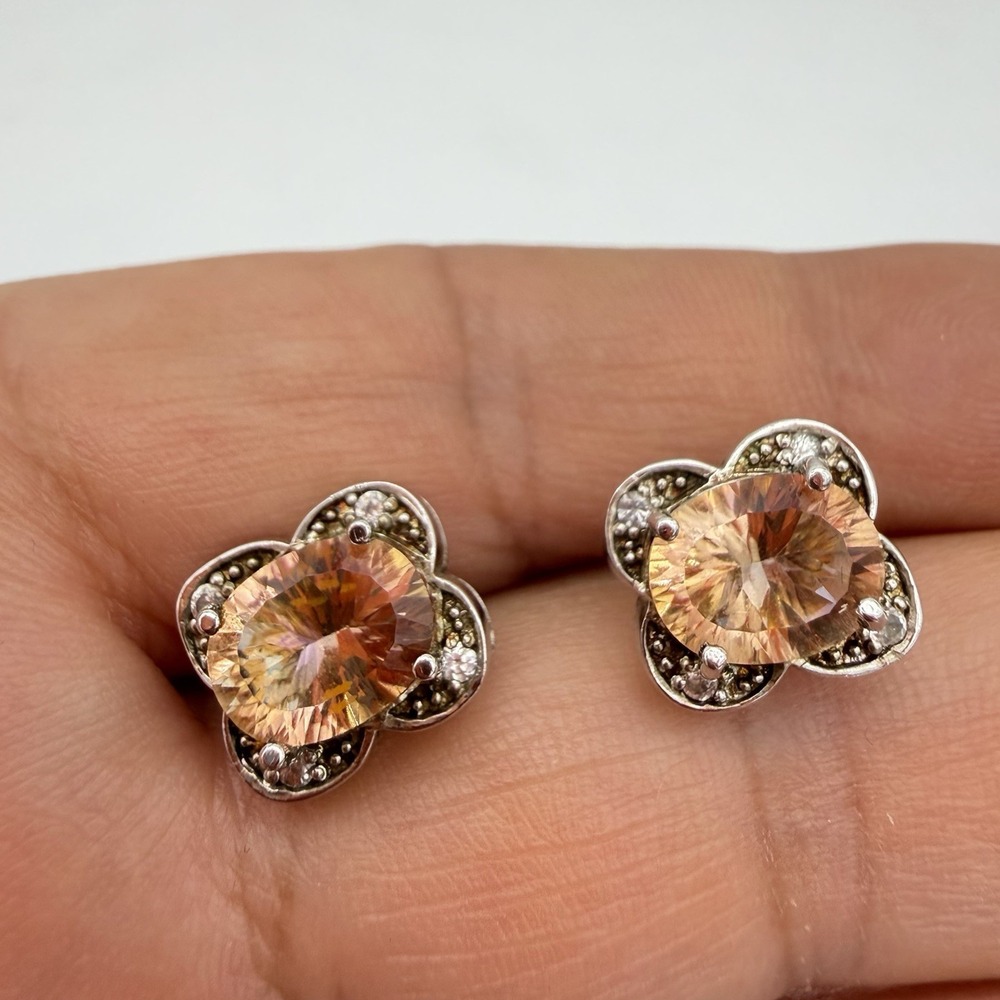 Vtg 925 Mystic Champagne Quartz Diamond Earrings Designer Kellie Ann Shop NBC